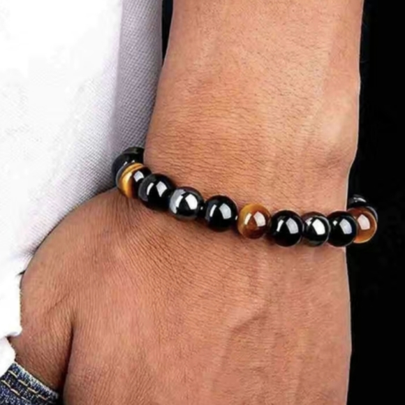 🖤🤎Unisex Natural Black Obsidian Hematite Tiger Eye Stone Combination Bracelet - Picture 4 of 13